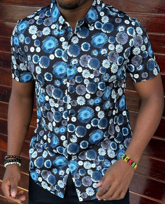 Men's Silky Strech Floral Shirt - Blue