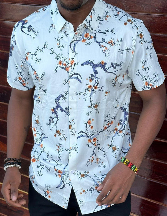 Men’s Silky Strech Floral Shirt – White Pattern