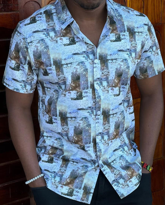 Men’s Silky Strech Floral Shirt – Brown/White