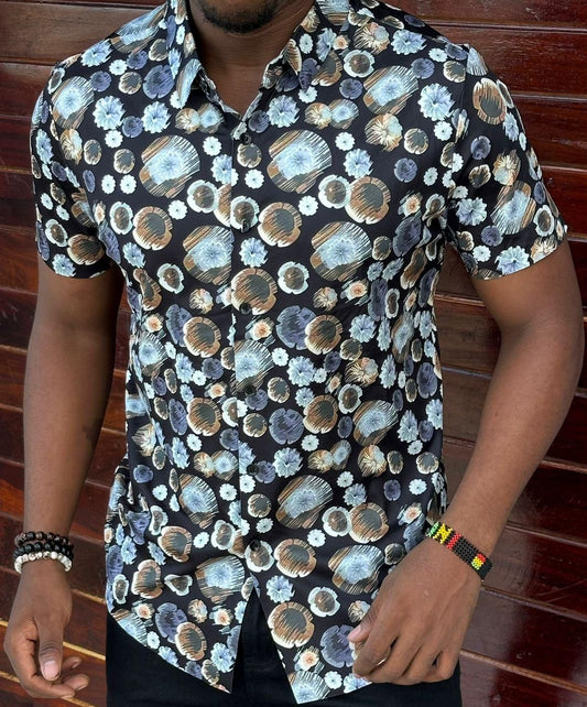 Men's Silky Strech Floral Shirt - Brown